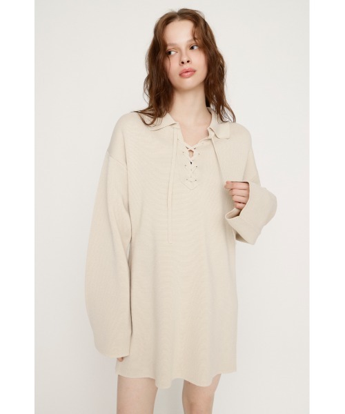 SLY（スライ）の「SKIPPER LACE UP S/OP スキッパー レースアップ ショートワンピース 冬服 春服（ワンピース・レディース・アイボリー/杢グレー/ブラック・FREE）」の2枚目の写真