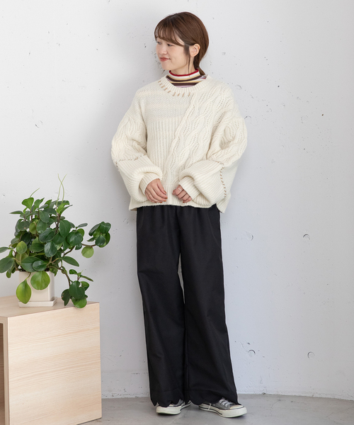 POU DOU DOU（プードゥドゥ）の「ハンドステッチななめケーブルニット（ニット/セーター・レディース・オフホワイト/ブラック/レッド/ブルー・M）」の5枚目の写真