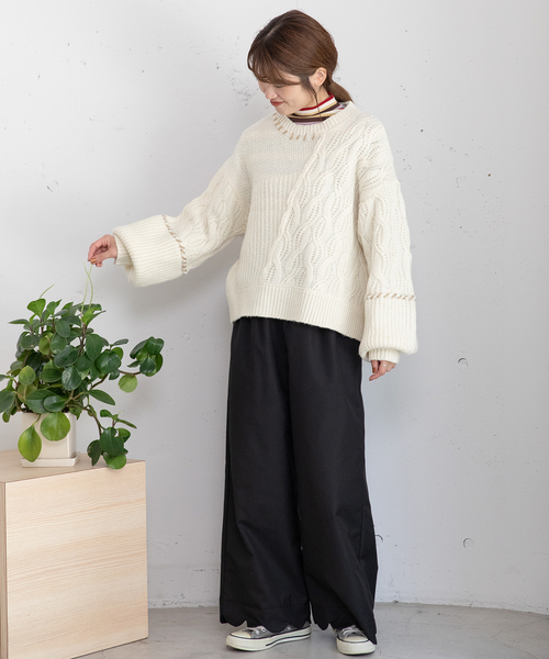 POU DOU DOU（プードゥドゥ）の「ハンドステッチななめケーブルニット（ニット/セーター・レディース・オフホワイト/ブラック/レッド/ブルー・M）」の8枚目の写真