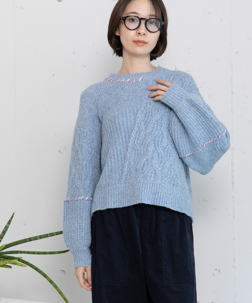 POU DOU DOU（プードゥドゥ）の「ハンドステッチななめケーブルニット（ニット/セーター・レディース・オフホワイト/ブラック/レッド/ブルー・M）」の19枚目の写真