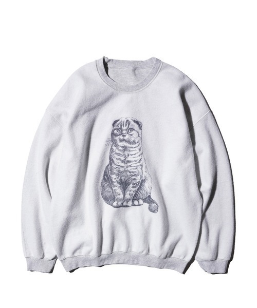 THRIFTY LOOK（スリフティールック）の「星野源様着用 NHK星野源と松重豊のおともだち　THRIFTY LOOK スリフティルック / OTHER SIZE PRINTED CAT SWEAT（スウェット・メンズ・パープル/ブラック/ホワイト・LARGE/X-LARGE/MEDIUM）」の2枚目の写真