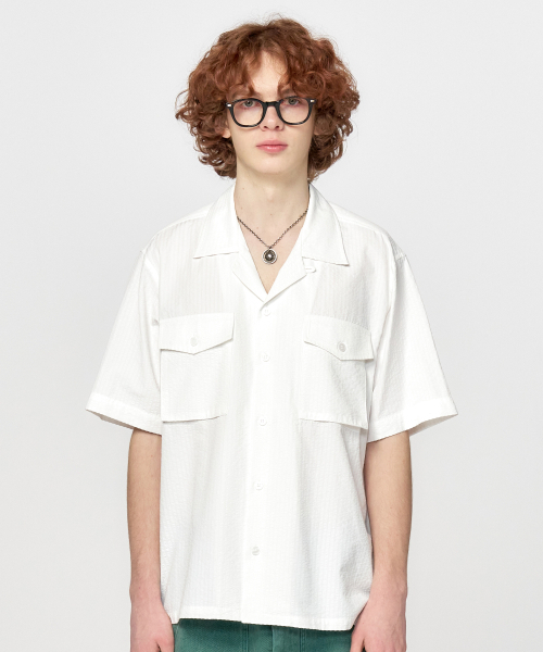 HONGWOOSUNG(ホンウソン)の「Pinstripe Seersucker Shirt_White(シャツ/ブラウス・メンズ・その他・M/S/L)」の1枚目の写真