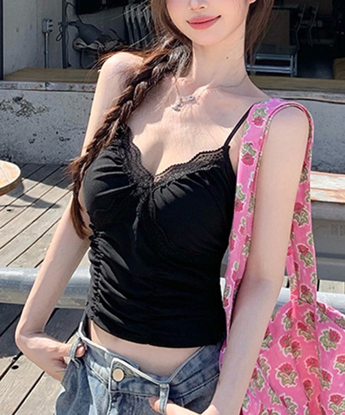 Lace Ladies(レースレディース)の「ソリッドカラー Vネック 配レース ギャザー ブラトップ(キャミソール・レディース・ピンク/ホワイト/ベージュ/ブラック・FREE)」の5枚目の写真
