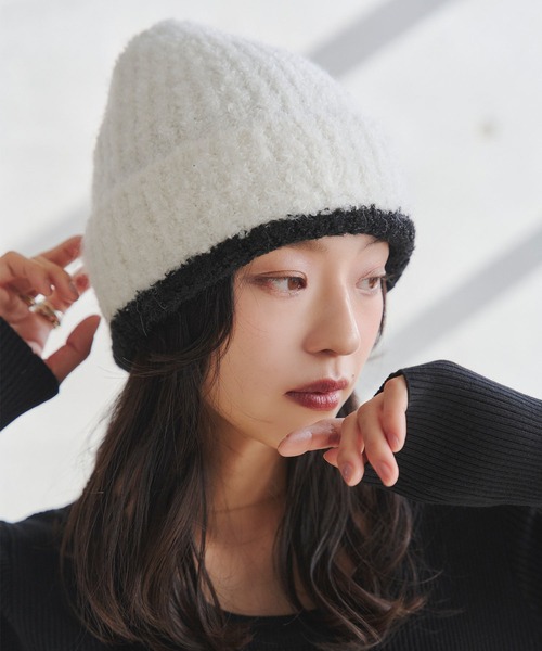 KOBE LETTUCE（コウベレタス）の「バイカラーラインニット帽（ニットキャップ/ビーニー・レディース・ホワイト/ブラック・FREE）」の5枚目の写真