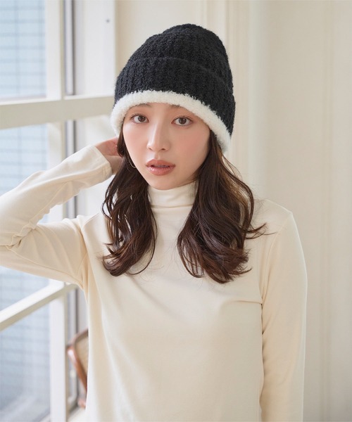 KOBE LETTUCE（コウベレタス）の「バイカラーラインニット帽（ニットキャップ/ビーニー・レディース・ホワイト/ブラック・FREE）」の7枚目の写真