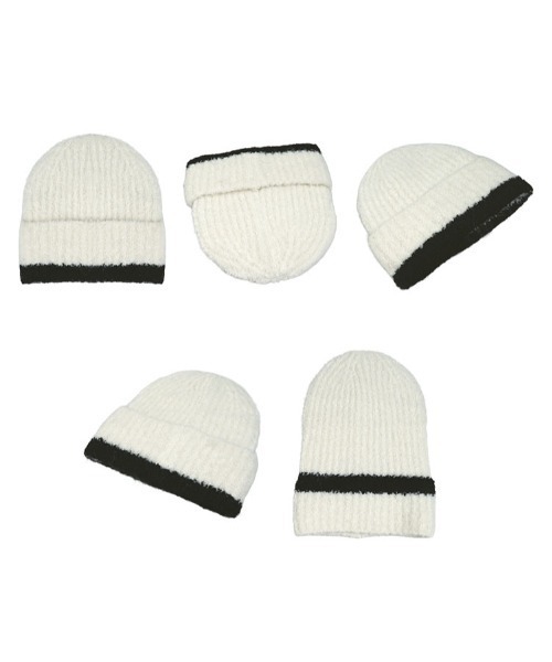 KOBE LETTUCE（コウベレタス）の「バイカラーラインニット帽（ニットキャップ/ビーニー・レディース・ホワイト/ブラック・FREE）」の8枚目の写真