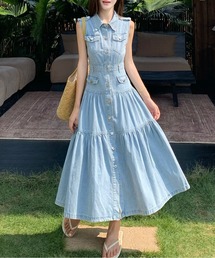 ノースリーブ デニムティアードワンピース