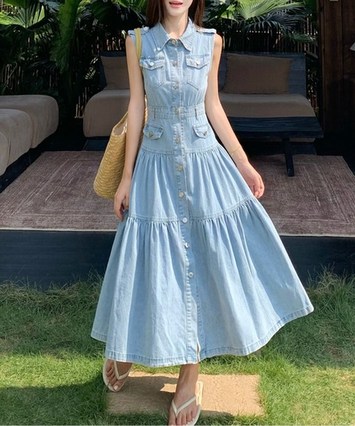 LUCPY(ラクピー)の「ノースリーブ デニムティアードワンピース(ワンピース・レディース・ブルー・LARGE/MEDIUM/SMALL)」の1枚目の写真