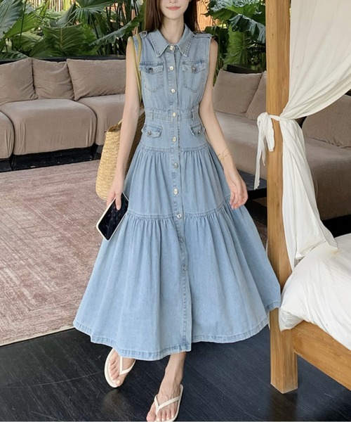 LUCPY(ラクピー)の「ノースリーブ デニムティアードワンピース(ワンピース・レディース・ブルー・LARGE/MEDIUM/SMALL)」の2枚目の写真