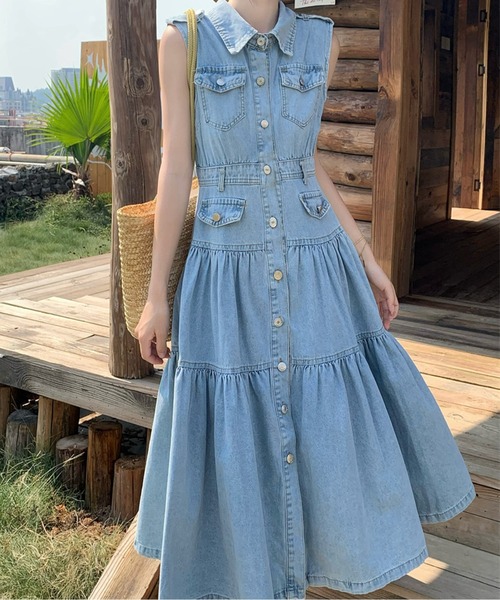 LUCPY(ラクピー)の「ノースリーブ デニムティアードワンピース(ワンピース・レディース・ブルー・LARGE/MEDIUM/SMALL)」の5枚目の写真