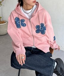 デニムアップリケ裏毛ジップパーカー