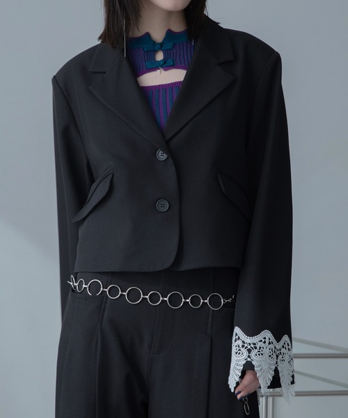 VACANCY（ヴァカンシー）の「レースドッキングショート丈ジャケット/SETUP（テーラードジャケット・レディース・ブルー/ブラック・FREE）」の3枚目の写真