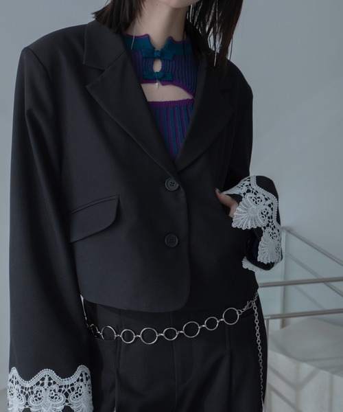 VACANCY（ヴァカンシー）の「レースドッキングショート丈ジャケット/SETUP（テーラードジャケット・レディース・ブルー/ブラック・FREE）」の4枚目の写真