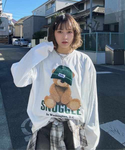 AS KNOW AS plus（アズノゥアズプラス）の「〇帽子アニマルロンT（クマ・ネコ）【UNISEX ITEM】（Tシャツ/カットソー・レディース・ホワイト系/ネイビー系/アイボリー系/ブラック系/ホワイト系1/ブラック系1/サックスブルー系1/アイボリー系1・FREE）」の2枚目の写真