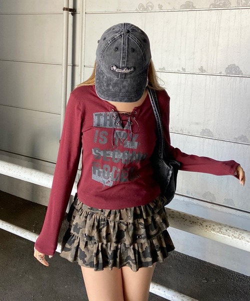 non-hedge(ノンヘッジ)の「ロゴレースアップロンT(Tシャツ/カットソー・レディース・ワインレッド/ブラック/アイボリー/グレー/オフホワイト・FREE)」の7枚目の写真