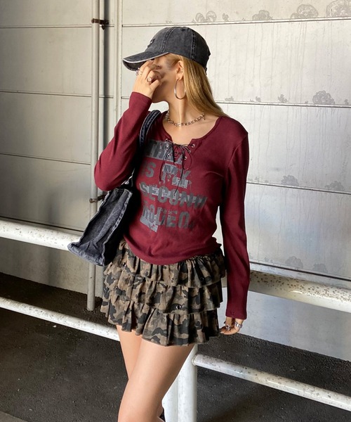 non-hedge(ノンヘッジ)の「ロゴレースアップロンT(Tシャツ/カットソー・レディース・ワインレッド/ブラック/アイボリー/グレー/オフホワイト・FREE)」の8枚目の写真