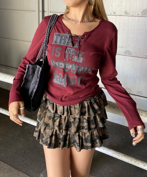 non-hedge(ノンヘッジ)の「ロゴレースアップロンT(Tシャツ/カットソー・レディース・ワインレッド/ブラック/アイボリー/グレー/オフホワイト・FREE)」の9枚目の写真
