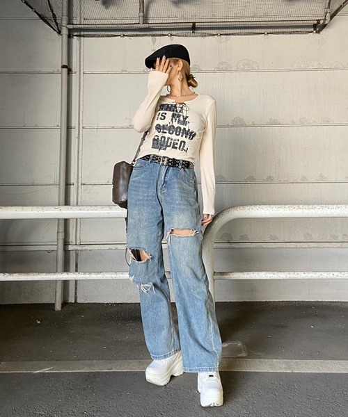 non-hedge(ノンヘッジ)の「ロゴレースアップロンT(Tシャツ/カットソー・レディース・ワインレッド/ブラック/アイボリー/グレー/オフホワイト・FREE)」の14枚目の写真
