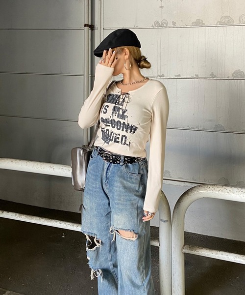 non-hedge(ノンヘッジ)の「ロゴレースアップロンT(Tシャツ/カットソー・レディース・ワインレッド/ブラック/アイボリー/グレー/オフホワイト・FREE)」の15枚目の写真