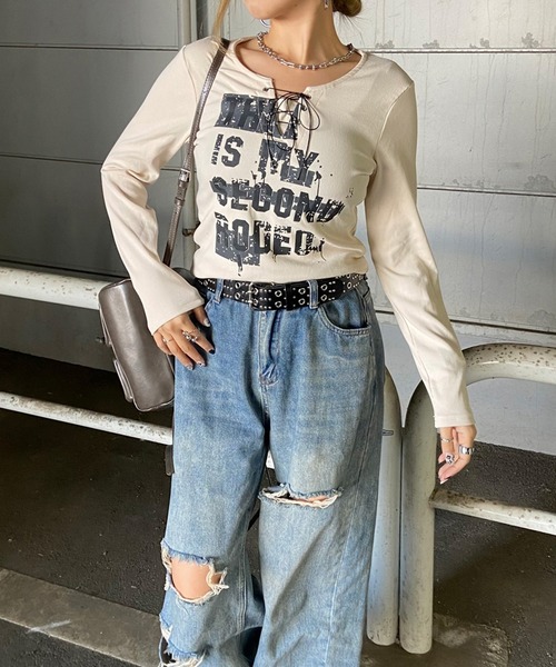 non-hedge(ノンヘッジ)の「ロゴレースアップロンT(Tシャツ/カットソー・レディース・ワインレッド/ブラック/アイボリー/グレー/オフホワイト・FREE)」の18枚目の写真