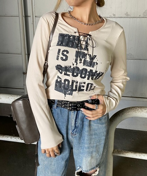 non-hedge(ノンヘッジ)の「ロゴレースアップロンT(Tシャツ/カットソー・レディース・ワインレッド/ブラック/アイボリー/グレー/オフホワイト・FREE)」の19枚目の写真