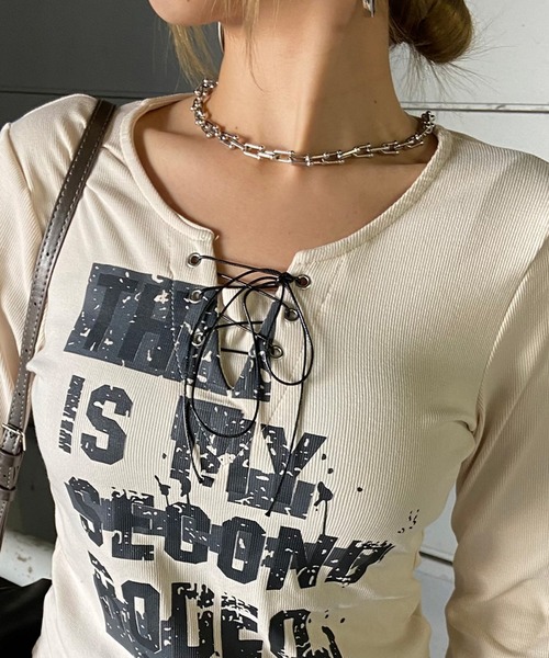 non-hedge(ノンヘッジ)の「ロゴレースアップロンT(Tシャツ/カットソー・レディース・ワインレッド/ブラック/アイボリー/グレー/オフホワイト・FREE)」の20枚目の写真