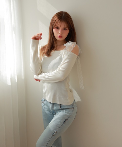 M DOLLY（エムドリー）の「lace ribbon piccola knit tops/レースリボンピッコラニットトップス（ニット/セーター・レディース・アイボリー/ブラック・FREE）」の13枚目の写真