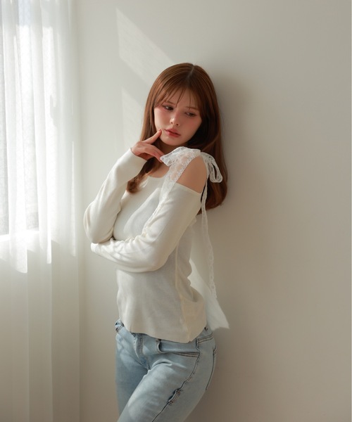 M DOLLY（エムドリー）の「lace ribbon piccola knit tops/レースリボンピッコラニットトップス（ニット/セーター・レディース・アイボリー/ブラック・FREE）」の14枚目の写真
