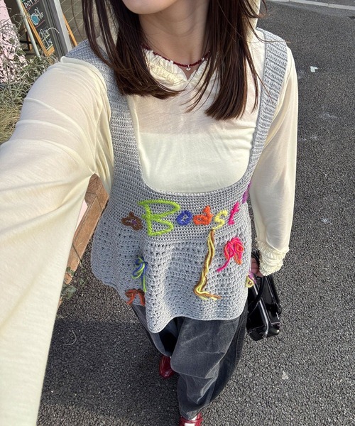 CIAOPANIC（チャオパニック）の「Boostハンドステッチニットビスチェ（キャミソール・レディース・アイボリー/グレー・ONE SIZE）」の2枚目の写真