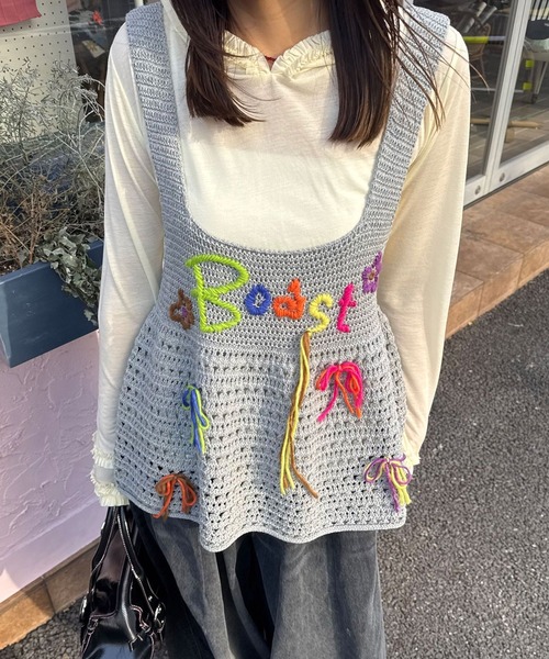 CIAOPANIC（チャオパニック）の「Boostハンドステッチニットビスチェ（キャミソール・レディース・アイボリー/グレー・ONE SIZE）」の3枚目の写真