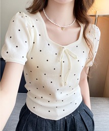 core core（コアコア）の「ドット柄フロントリボン半袖サマーニットトップス（ニット/セーター）」