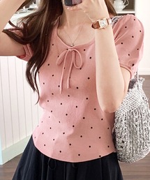 core core（コアコア）の「ドット柄フロントリボン半袖サマーニットトップス（ニット/セーター）」