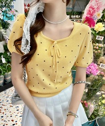 core core（コアコア）の「ドット柄フロントリボン半袖サマーニットトップス（ニット/セーター）」