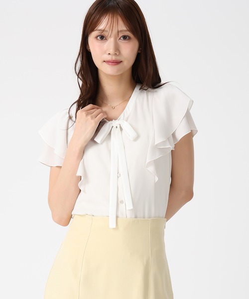 MISCH MASCH（ミッシュマッシュ）の「2026春夏新作 配色リボンダブルフレア袖ブラウス（シャツ/ブラウス・レディース・ホワイト×ブラック/ベージュ/ホワイト/ライトグリーン・ﾌﾘ-）」の14枚目の写真