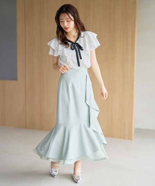 MISCH MASCH（ミッシュマッシュ）の「2026春夏新作 配色リボンダブルフレア袖ブラウス（シャツ/ブラウス・レディース・ホワイト×ブラック/ベージュ/ホワイト/ライトグリーン・ﾌﾘ-）」の10枚目の写真