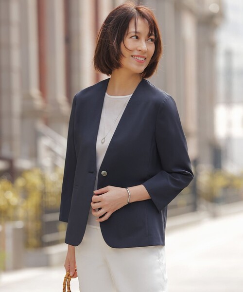J.PRESS(ジェイプレス)の「【セットアップ対応】ファンマートロストレッチ ノーカラー ジャケット(ノーカラージャケット・レディース・ネイビー系/グレー系/ベージュ系・T15/T13)」の3枚目の写真