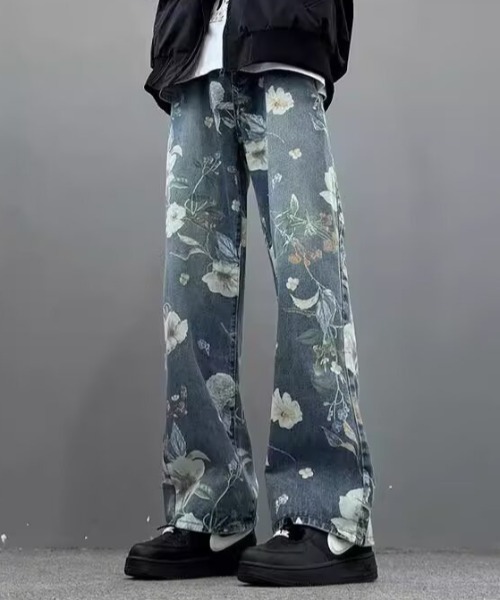 link lot(リンクロット)の「総柄花柄プリントワイドデニムパンツ(デニムパンツ・メンズ・ブルー/ブラック・L/M)」の1枚目の写真