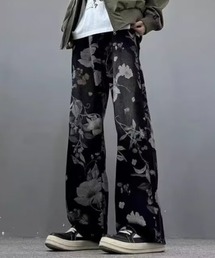 総柄花柄プリントワイドデニムパンツ