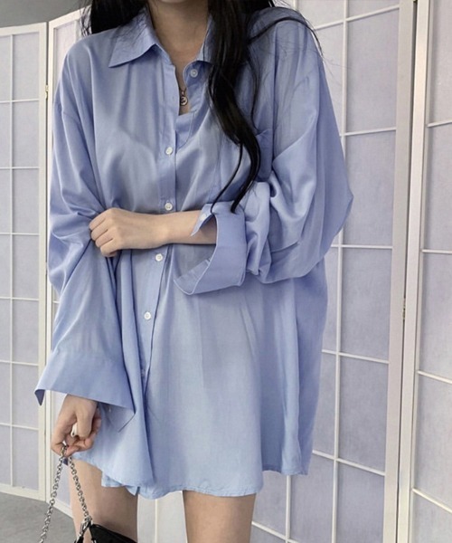 Miniministore(ミニミニストア)の「シャツブラウス ゆったり トップス 長袖(シャツ/ブラウス・レディース・ブルー/ホワイト・FREE)」の3枚目の写真