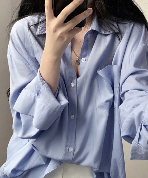 Miniministore(ミニミニストア)の「シャツブラウス ゆったり トップス 長袖(シャツ/ブラウス・レディース・ブルー/ホワイト・FREE)」の4枚目の写真