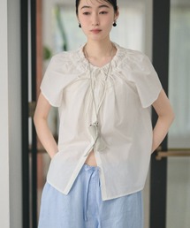 cotton double gather ribbon blouse /コットンダブルギャザーリボンブラウス
