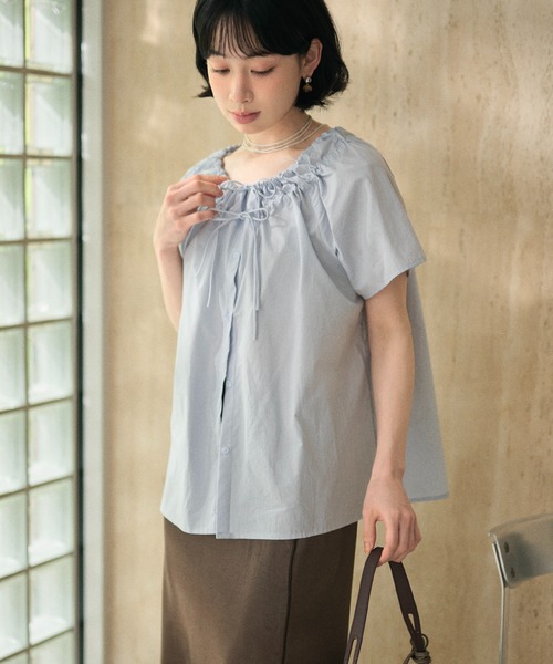 LAULEN（ローレン）の「cotton double gather ribbon blouse /コットンダブルギャザーリボンブラウス（シャツ/ブラウス・レディース・イエロー/ホワイト/ブルー・FREE）」の15枚目の写真