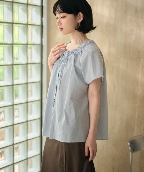 LAULEN（ローレン）の「cotton double gather ribbon blouse /コットンダブルギャザーリボンブラウス（シャツ/ブラウス・レディース・イエロー/ホワイト/ブルー・FREE）」の16枚目の写真