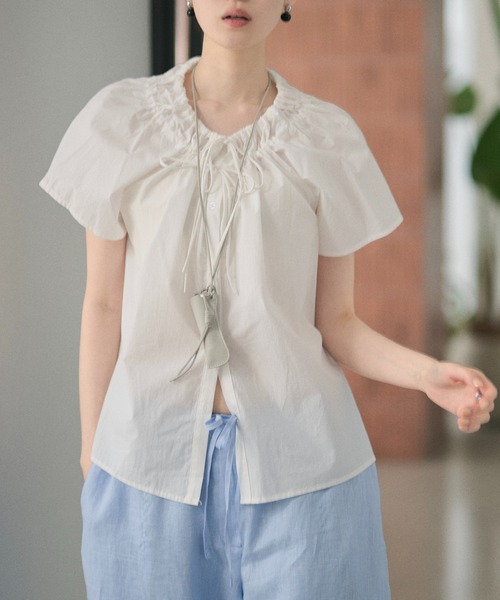 LAULEN（ローレン）の「cotton double gather ribbon blouse /コットンダブルギャザーリボンブラウス（シャツ/ブラウス・レディース・イエロー/ホワイト/ブルー・FREE）」の6枚目の写真