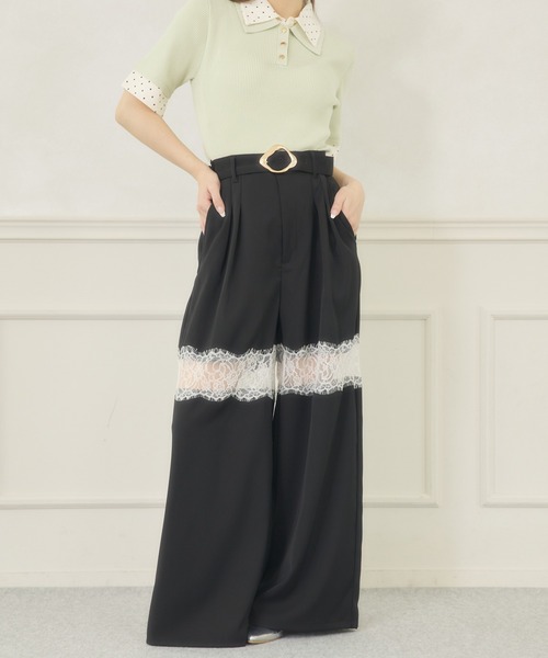 Ambre Neige(アンブルネージュ)の「lace switching wide pants / レースキリカエワイドパンツ(スラックス・レディース・アイボリー/ブラック/ライトグリーン・FREE)」の2枚目の写真