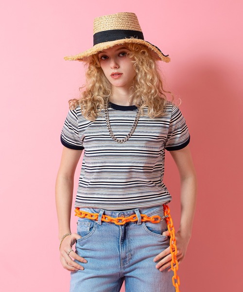 a.p.o.v.（エーピーオービー）の「a.p.o.v. クロップド丈Y2Kマルチボーダー柄リンガーTシャツ(レディース)（Tシャツ/カットソー・レディース・ネイビー/ブラウン/ワイン・ONESIZE）」の3枚目の写真