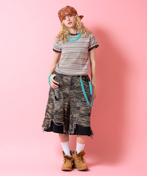 a.p.o.v.（エーピーオービー）の「a.p.o.v. クロップド丈Y2Kマルチボーダー柄リンガーTシャツ(レディース)（Tシャツ/カットソー・レディース・ネイビー/ブラウン/ワイン・ONESIZE）」の7枚目の写真