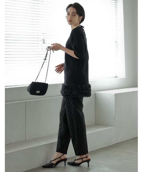 MEISM（ミズム）の「[2026 SUMMER COLLECTION][MEISM by Re:EDIT][涼感][洗える]ドライタッチモチーフフリルチュニックサマーニットトップス（ニット/セーター・レディース・ブラック/ホワイト・LARGE/MEDIUM）」の7枚目の写真