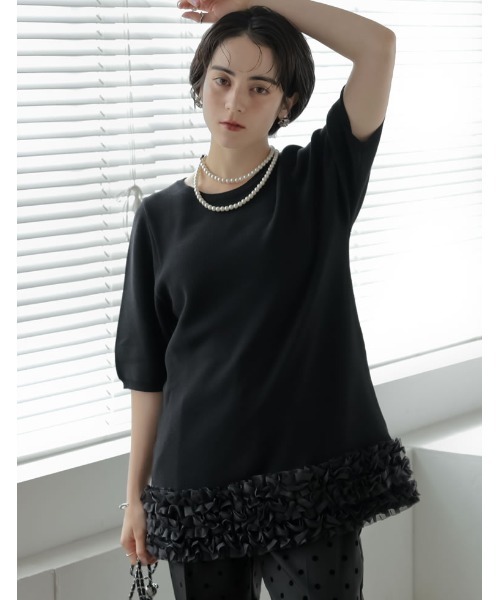 MEISM（ミズム）の「[2026 SUMMER COLLECTION][MEISM by Re:EDIT][涼感][洗える]ドライタッチモチーフフリルチュニックサマーニットトップス（ニット/セーター・レディース・ブラック/ホワイト・LARGE/MEDIUM）」の15枚目の写真