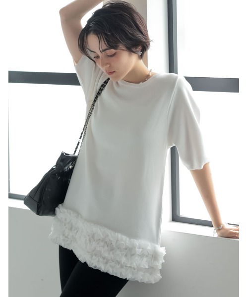 MEISM（ミズム）の「[2026 SUMMER COLLECTION][MEISM by Re:EDIT][涼感][洗える]ドライタッチモチーフフリルチュニックサマーニットトップス（ニット/セーター・レディース・ブラック/ホワイト・LARGE/MEDIUM）」の16枚目の写真